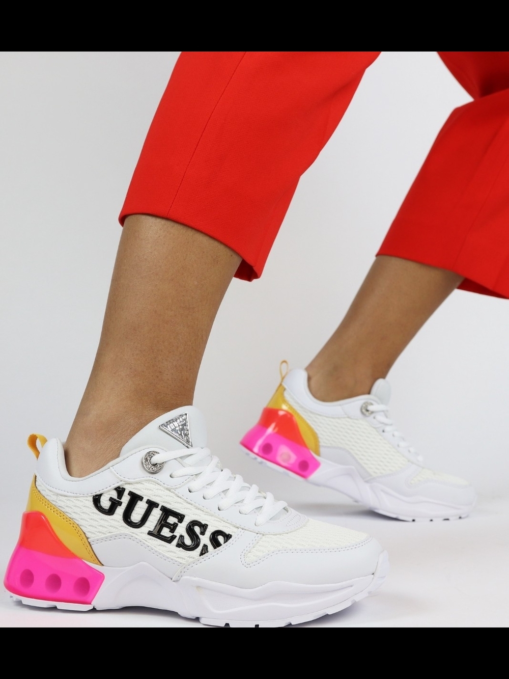 GUESS White Sneakers with Pink & Yellow Heel Accent